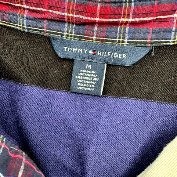 TOMMY HILFIGER Men's Medium Vintage Crest patch Polo Rugby Blue Striped Shirt - Picture 5 of 9